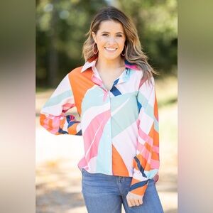 Mod Boutique Pink Multi Geometric Retro Colorful Print Top Medium M